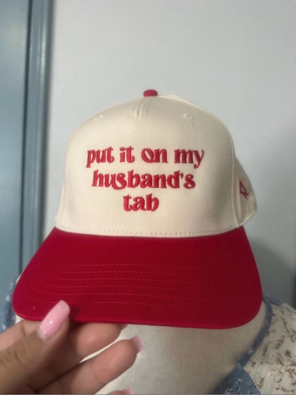 Cream and Red Embroidered Trucker Hat - Put It On My Husband's Tab